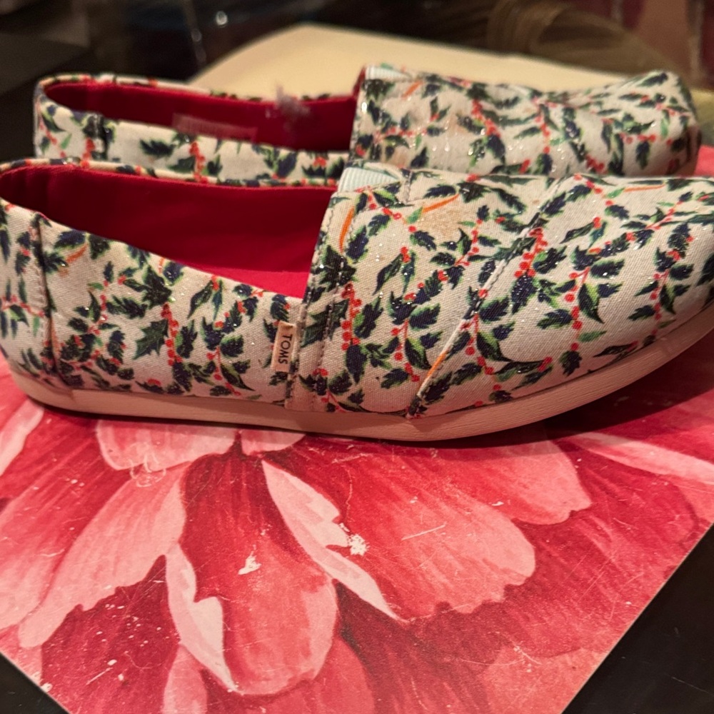 TOMS Women's Floral Print Flats - Red and Green Mint Holly Jolly pre Qwen - Picture 3 of 9